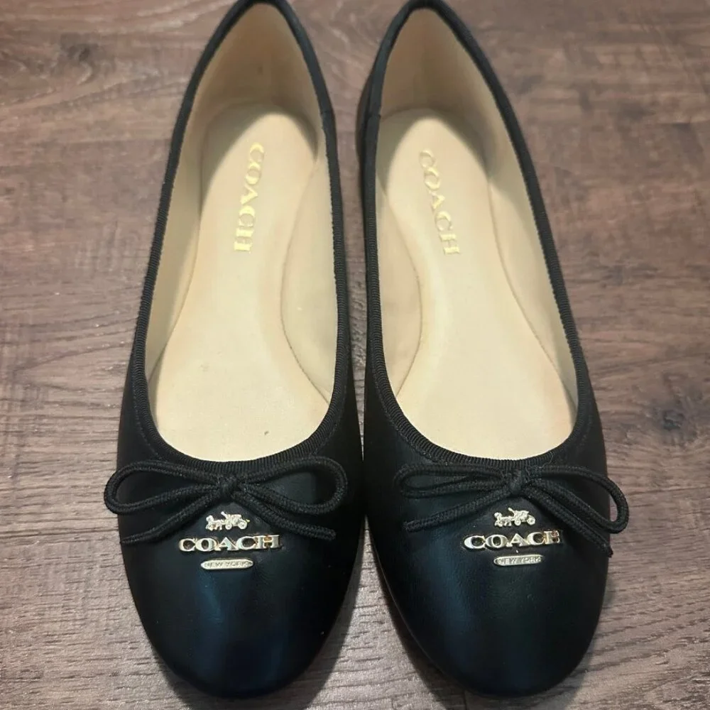 Coach | Shoes | Coach Leather Black Bow Gold Logo Ballet Flats Women Sz 6 |  Poshmark